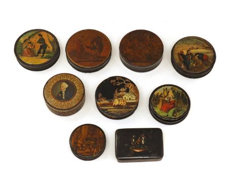 A George III circular papier mache snuff boxEarly 19th Century, the cover decorated with a portrait of the monarch, and furth