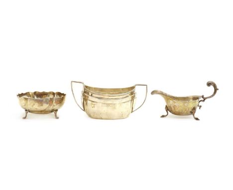 A silver twin-handled sugar bowl,by Barker Brothers Silver Ltd, Birmingham 1928, 17.5cm wide,together with a silver bon bon d