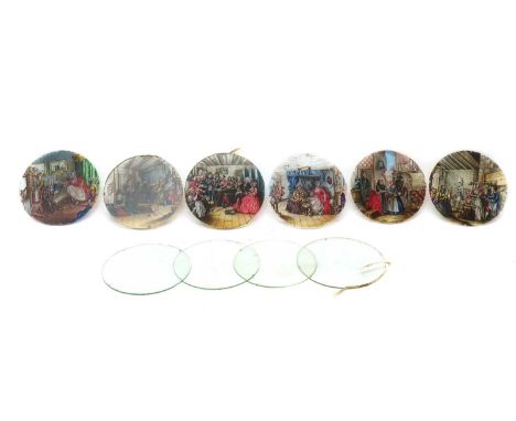 A small group of painted magic lantern slides,19th Century, depicting scenes from Hogarths 'A Harlots Progress'each unmounted