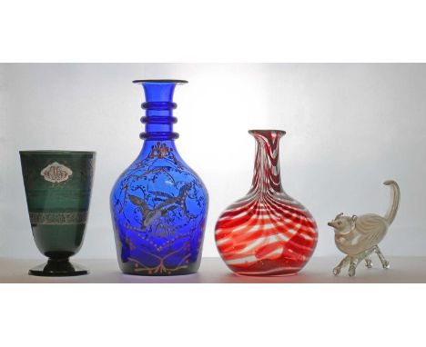 A group of glass items,comprising a Bohemian glass decanter or hookah base, for the Turkish market, with enamelled decoration