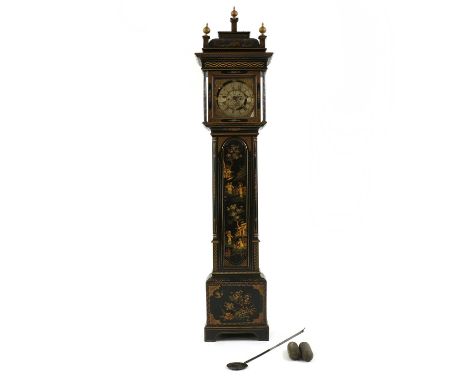 A George III lacquered Chinoiserie longcase clock,with a pagoda hood, enclosing an 11" square brass dial signed 'William Snow