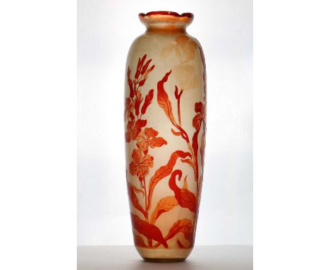 Emile Galle (1846-1904),c.1900, a fire polished cameo glass vase, of sleeve form with a scalloped rim, cased and cut with flo