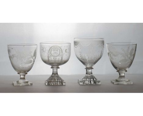 A Masonic engraved glass rummer,c.1800, with wide cup form bowl engraved with Masonic symbols, raised on a lemon squeezer foo