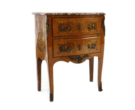 A French kingwood and marquetry bombe commode,20th century, with rosso antico marble, leaf and scroll mounts and sabot72cm wi