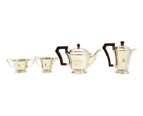 A silver four piece tea service,by Charles S Green &amp; Co Ltd, Birmingham 1939, comprising a teapot, with presentation scri