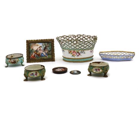 A Bilston/Battersea-type enamel basket18th century, with pieced lattice sides and decorated with floral sprays, 16cm wide12cm