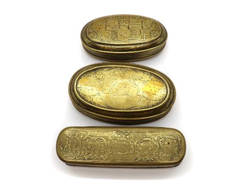 Three brass tobacco boxes18th century, Dutch, each of oval form with engraved and repousse decoration, the largest depicting 