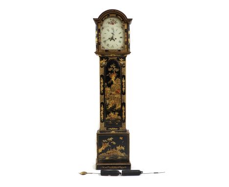 A George III Japanned longcase clock,with a broken arch painted dial, concealing a four pillar eight-day movement striking on