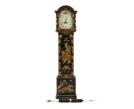 A George III Japanned longcase clock,with a broken arch painted dial, concealing a four pillar eight-day movement striking on