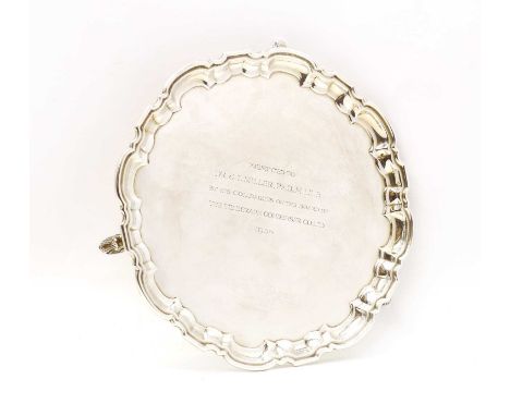 A silver presentation salverby Mappin &amp; Webb Ltd, Sheffield 1956, the centre with an engraved inscription to a piecrust r