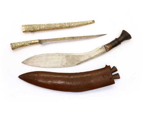 An Ottoman yatagan or dagger,20th century, with a inlaid blade,blade 26.8cmtotal 40cm,together with a Kukri,20th century, com