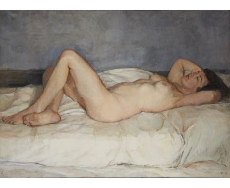 George Sweet, British 1909-1997 - Reclining nude; oil on canvas, signed with initials and dated lower right 'GS 57', 75.8 x 1