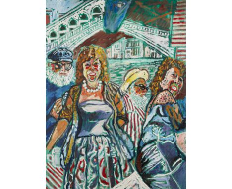 John Randall Bratby RA, British 1928-1992 - Self-Portrait and Patti, twice, with the Rialto Bridge, Venice; oil on canvas, 12