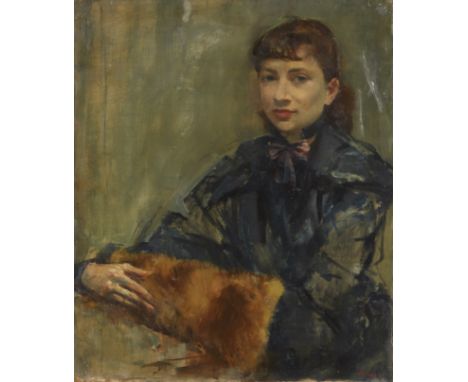 Frederick Deane, British 1924-2020 - Portrait of a lady with a muff (with portrait study on the reverse); oil on canvas, sign