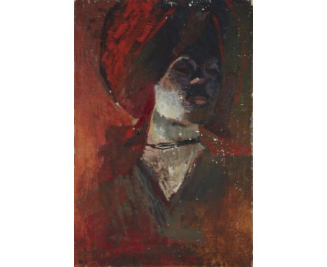 Dorothy Carr, British 1923-2018 - Portrait of a woman in red; oil on canvas, signed with initials lower right, 76.3 x 51 cm (