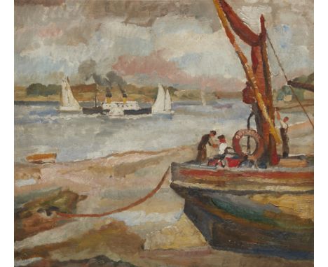 Allan Walton, British 1891-1948 - Ship on the coast; oil on canvas, with a spring landscape on the reverse, 50.5 x 56 cm Note