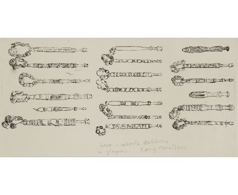 Thomas Hennell, British 1903-1945 - Lacemaker's Bobbins and Jingles, Long Crendon, c.1939; pen and ink on paper, title in pen