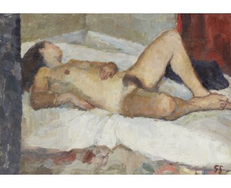 George Sweet, British 1909-1997 - Reclining nude; oil on board, signed with initials lower right 'GS', 25.1 x 36 cm (ARR) Not