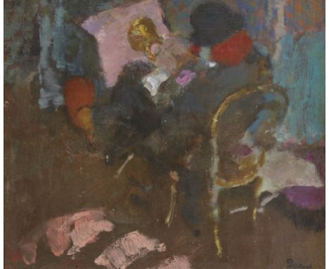 Frederick Deane, British 1924-2020 - Seated Clown; oil on board, signed lower right 'Deane', 28.7 x 34.1 cm Provenance: the E
