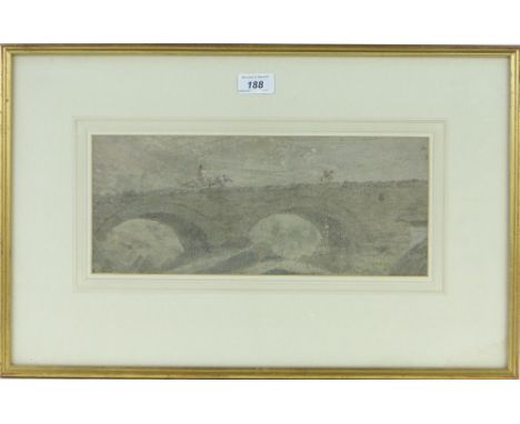 Circle of John Constable  (1776- 1837)
Early 19th century watercolour, Travellers on a stone bridge, unsigned, 6" x 14", fram