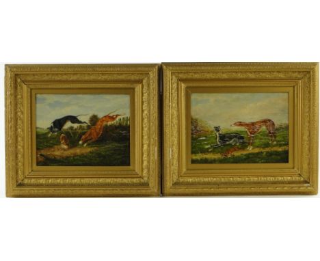 Pair of 19th century Oils on Canvas laid on board, Hunting dogs with hares, unsigned, 8" x 10", framed 