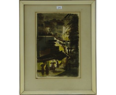 R Glendening
Lithograph, Night time street scene, signed in pencil, dated 1955, i 17.5" x 11.5", together with a pair of mode