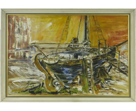 Oil on board, Moored boat, indistinctly signed, 24" x 36" & Oil on canvas, garden fork by a different hand, framed (2)