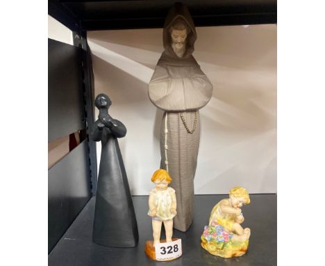 A Lladro figure of a monk with a Royal Doulton figure and two Royal Worcester figures, one A/F.