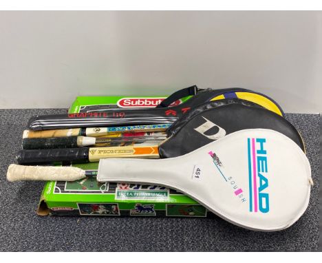 A group of five tennis and badminton rackets and boxed Subbuteo.