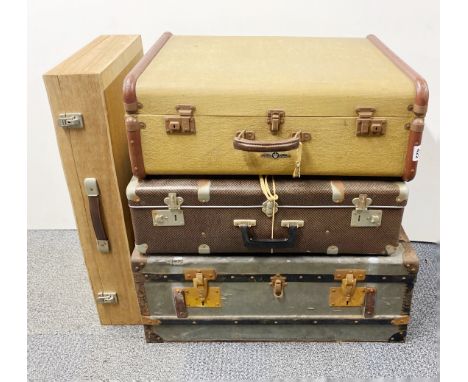 Two vintage suitcases, a cabin trunk and a plywood case, largest suitcase 68 x 27 x 46cm.