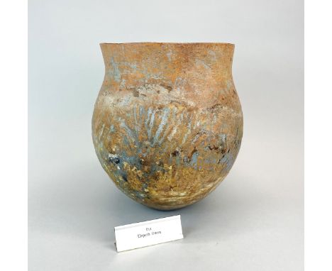 Elspeth Owen; A Neolithic style contemporary studio 'pot' H. 25cm. With aluminium exhibition label.