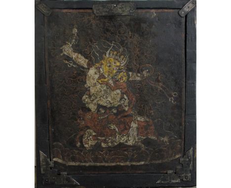 YAMA DHARMARAJA Eastern Tibet, circa 18th century iron plaque, with gold, copper and silver damascene decoration, with engrav