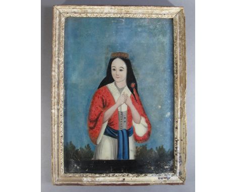 A TURKISH LADY Gujarat, Western India, 19th century reverse painting on glass, the woman depicted wearing a pink tunic and bl