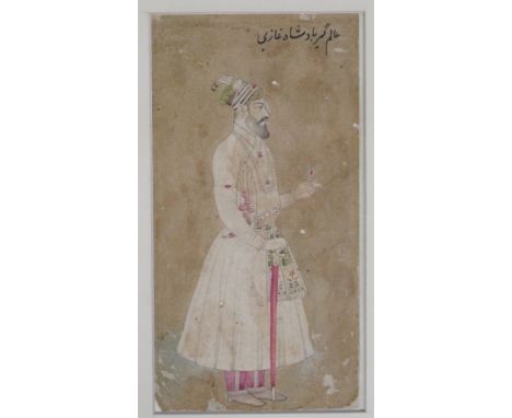 PORTRAIT OF A RULER Mughal, Northern India, late 17th century ink and watercolour on paper, holding a jewel in his left hand,
