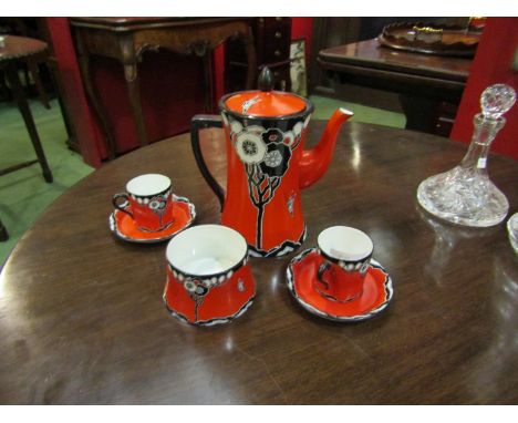 A Carlton ware Art Deco 1923-30 cubist butterfly part coffee set comprising of coffee pot, sugar bowl and a pair of coffee ca
