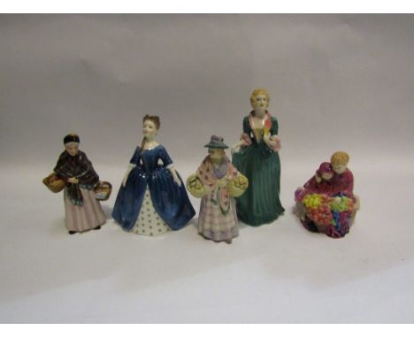 A Carlton Ware figure "Joan", Royal Doulton "Debbie" HN2385 and three Royal Doulton miniature street vendors "The Orange Lady