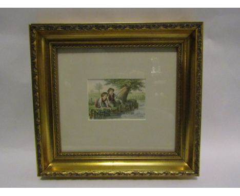 A coloured print depicting children fishing, gilt framed and glazed, 8cm x 11cm