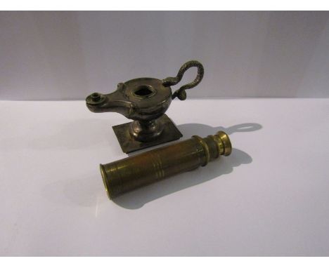 A silver Aladdin lamp table lighter a/f and a small brass telescope   