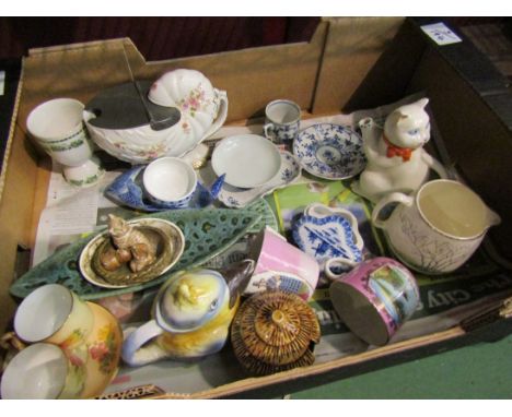 Mixed ceramics including two Worcester cups and saucers, African preserve pot, cat and bird teapot etc.