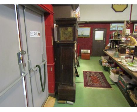 An early to mid 18th Century oak longcase clock with 11" square brass dial signed John Edwards, Norwich, 8 day rack and snail