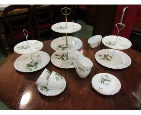 Three Alfred Meakin/Myott tiered Mallard print cake stands and four matching cups and saucers 