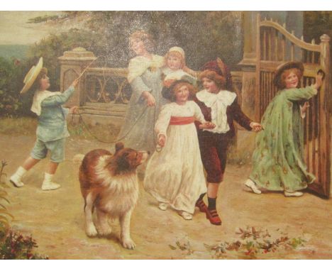 A.J. ELSLEY: An oleograph of a Victorian scene with children playing, in ornate gilt frame, 19cm x 24cm