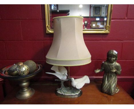 A figural lamp of doves on a branch with shade