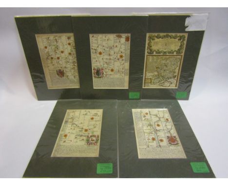 Eight mounted 18th Century road maps including London to Pool (Poole), Oxford to Salisbury