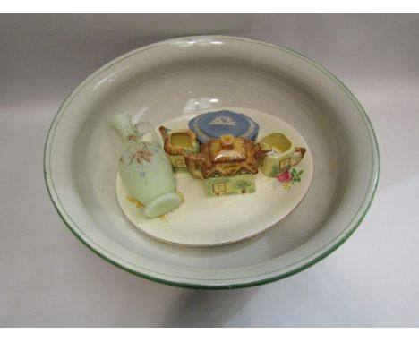 A floral wash bowl, cottage three piece tea set, Wedgwood jasperware trinket box, glass jug and meat plate