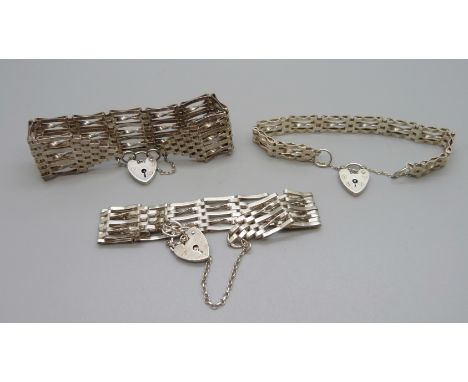 Three silver gate bracelets, 56g 
