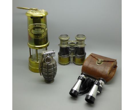 A miner's lamp, Aberaman Colliery, two pairs of binoculars and a table lighter in the form of a hand grenade 