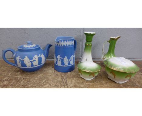 A dressing table set and a Dudson Brothers Hanley teapot and jug decorated with dancing ladies **PLEASE NOTE THIS LOT IS NOT 