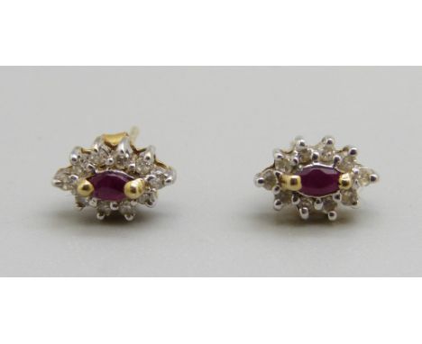 A pair of ruby and diamond cluster earrings, the fasteners marked 750, 1g 