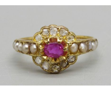 A Victorian 18ct gold, ruby, rose cut diamond and pearl cluster ring, 2.1g, K 